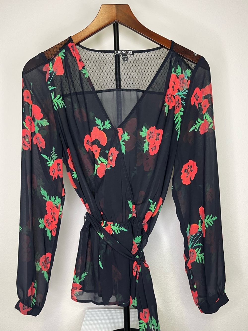 Express Floral Wrap Blouse - Black with Red & Green Rose Print